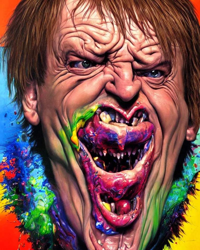 Image similar to hyper realistic painting, head of mark e smith from the fall laughing maniacally, outer glow, by simon bisley, lisa frank, chuck close and richard corben, very intense, depth of field, depth perception, hyperdetailed, rich deep vivid colours, sharp focus, directional lighting