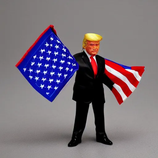 Prompt: a toy figure of donald trump holding usa flag