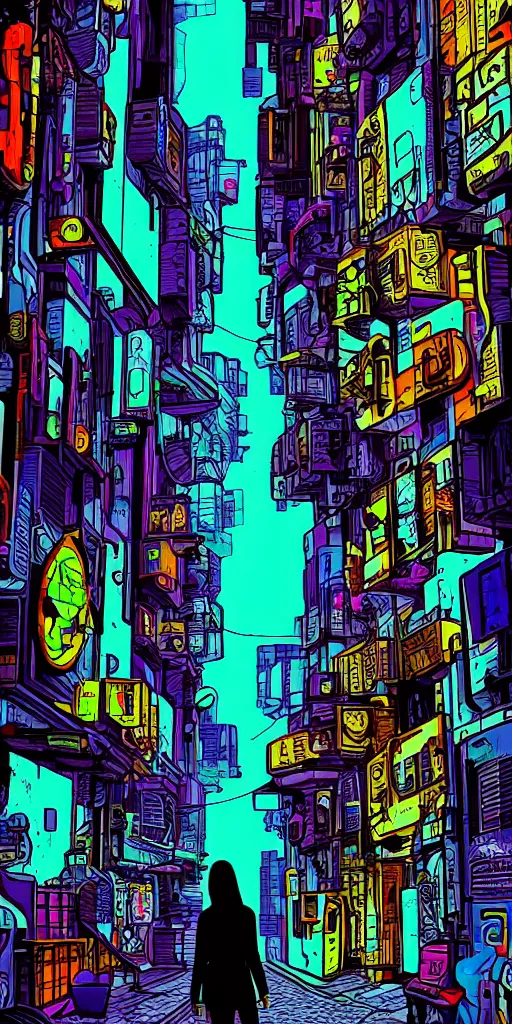 Image similar to person standing in a cyberpunk alley, pop art, markers, rtx, 8 k, ray tracing, highly detailed