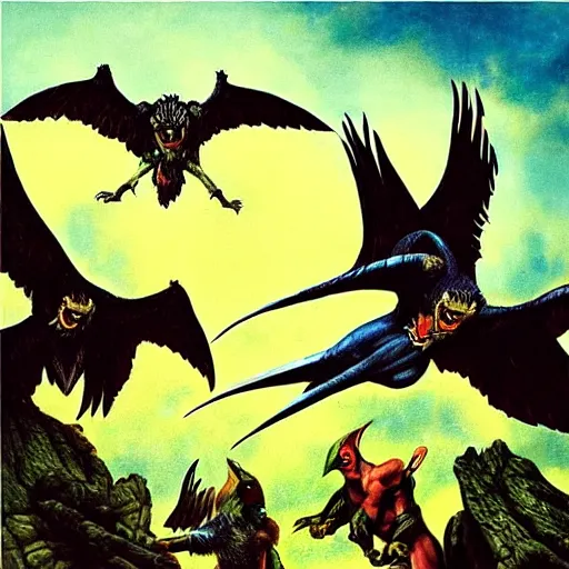 Prompt: “ war between hawkmen and the flying monkeys from the wizard of oz, planet mongo environment, hyper realistic, high contrast colors, by gerald brom ”