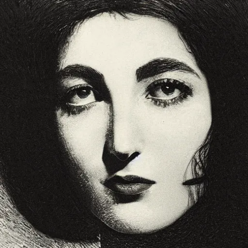 Image similar to extreme close-up, black and white, portrait of a young french woman from 1960s, marie laforet as model, Gustave Dore lithography