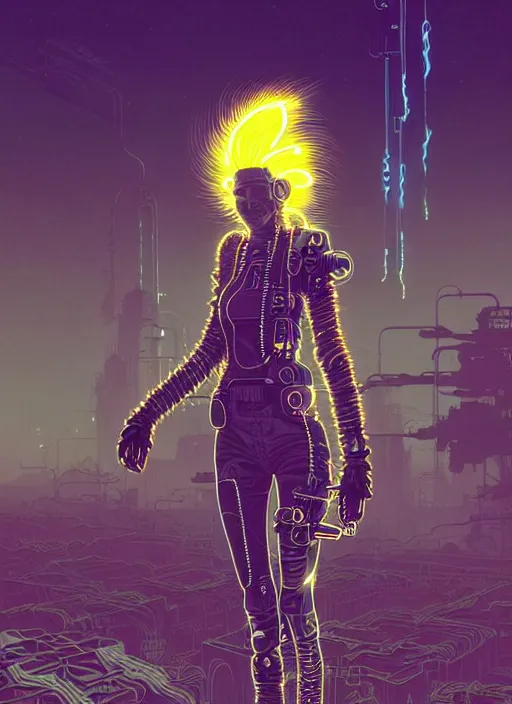 Image similar to highly detailed portrait of wasteland punk long curly neon white plasma electricity hair tribal lady, stray electric spark wiring by atey ghailan, james gilleard, by joe fenton, by greg rutkowski, by greg tocchini, by kaethe butcher, 4 k resolution, gradient yellow, black and white color scheme!!! ( ( lightning cloudy robotic dystopian city background ) )