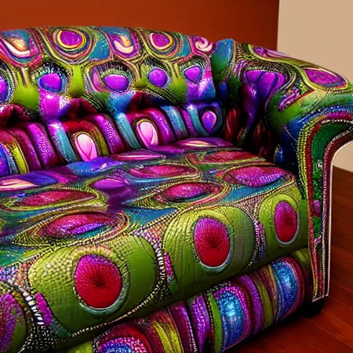 Image similar to couch sofa chesterfield flying through space psychedelic trippy eldritch horror cartoon