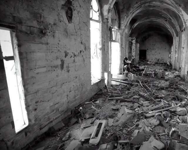 Prompt: camera footage of a group of soldiers in an abandoned church, high exposure, dark, monochrome, camera, grainy, CCTV, security camera footage, timestamp, zoomed in, fish-eye lense,