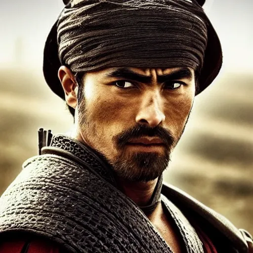 Image similar to handsome and strong kurdish samurai in a movie directed by christopher nolan, movie still frame, promotional image, imax 7 0 mm footage, perfect symmetrical facial features