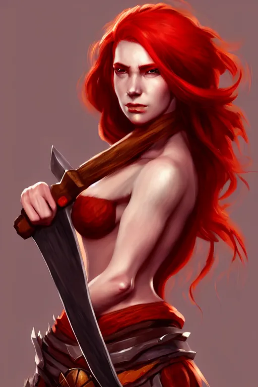 Image similar to a woman with red hair holding two large axes, concept art by senior character artist, true anatomy, extremely beautiful face, extremely detailed face, artstation contest winner, fantasy art, concept art, artstation hd, 2 d game art