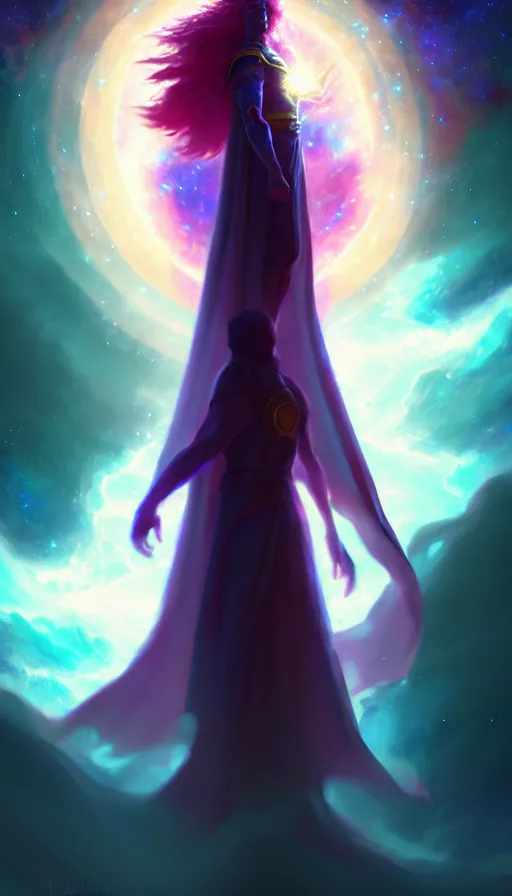 Image similar to celestial god with a cape, epic scene, colors, holy, full body, galaxy, and, stars, atmosphere, unreal engine, pixar, video game, ethereal, insanely, detailed, volumetric, symmetrical, concept art, charlie bowater, unreal engine, artstation, cinematic, video game, digital painting, artist maena