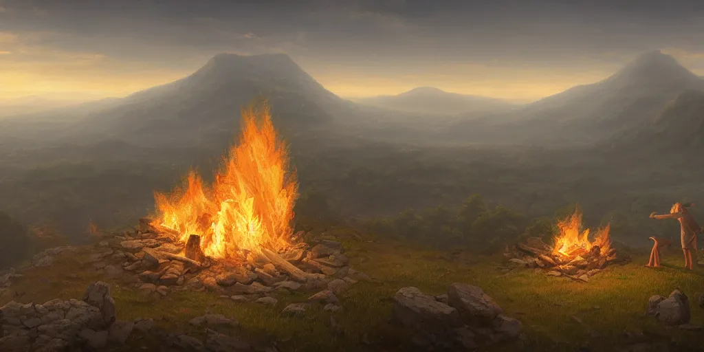 Prompt: large bonfire on top of a rocky hill overlooking a large valley, at dusk, very foggy, moody, matte painting, volumetric lighting, rocky, stunning detail, 4k, hd, clean, full of detail, sharp focus, rule of thirds by Makoto Shinkai, thomas kinkade, Karol Bak, trending on artstation