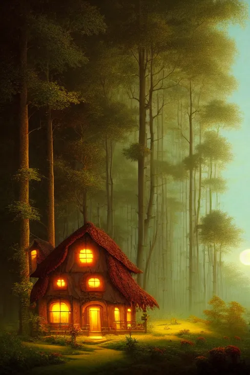 Image similar to a beautiful digital illustration painting of a fantasy little house in the night forest whimsical benoit b. mandelbrot, steven belledin, martin johnson heade, lee madgwick, caspar david friedrich, and david rios ferreira. 8 k resolution trending on artstation concept art digital illustration