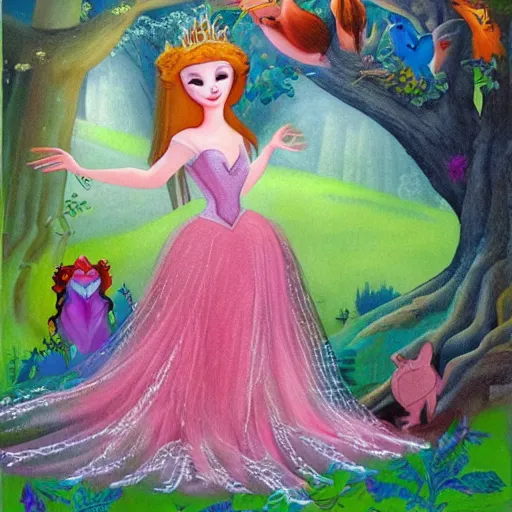 Image similar to A beautiful body art of Princess Aurora singing in the woods while surrounded by animals. She looks so peaceful and content in the company of the animals, and the colors are simply gorgeous. by Victor Adame Minguez, by Alice Rahon