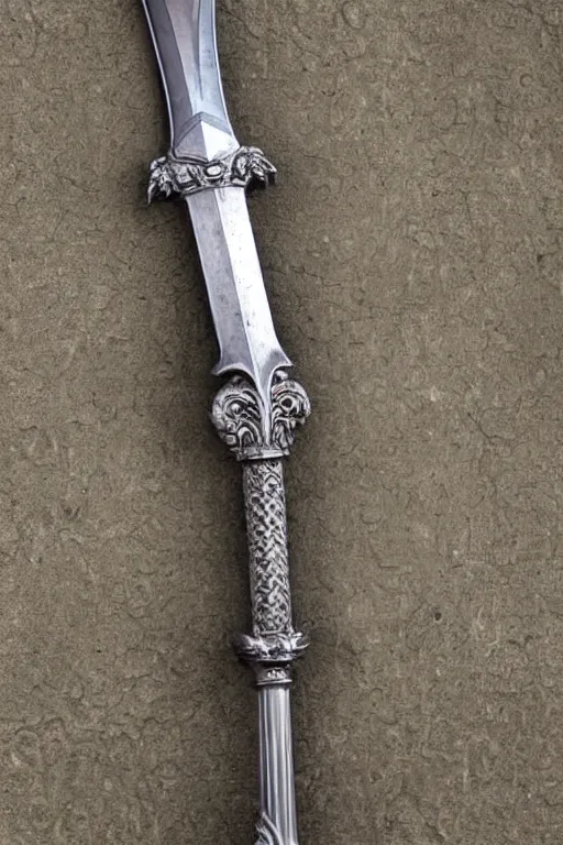 Prompt: sword of justice hanging on a wall, ornate gem in pommel, engraved blade, table at bottom