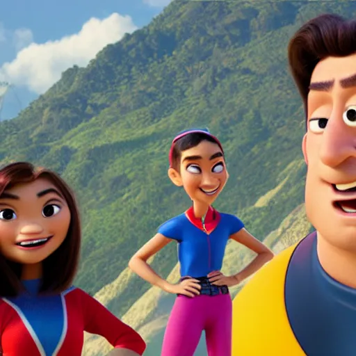 Prompt: young beautiful athletic Filipino woman with long hair and a handsome caucasian athletic man with buzzed hair, high widows peak, 5 o'clock shadow, both depicted as Pixar characters, high quality cg render