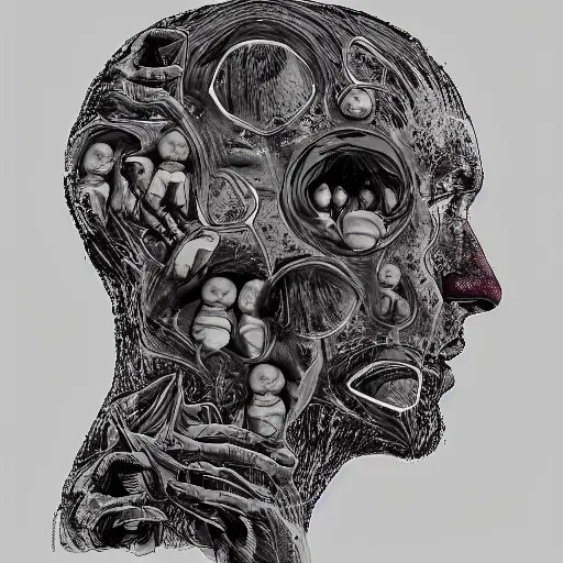 Image similar to human head with little monkeys inside it, digital art, hyper detailed