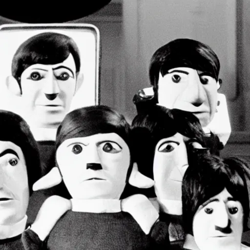 Prompt: stills from puppets movie by gerry anderson about the beatles, that band, vintage film, 1 9 6 0 s