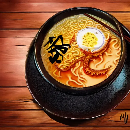 Prompt: western dragon slurping from a bowl of ramen in restaurant, traditional restaurant, wooden, candlelit, digital art