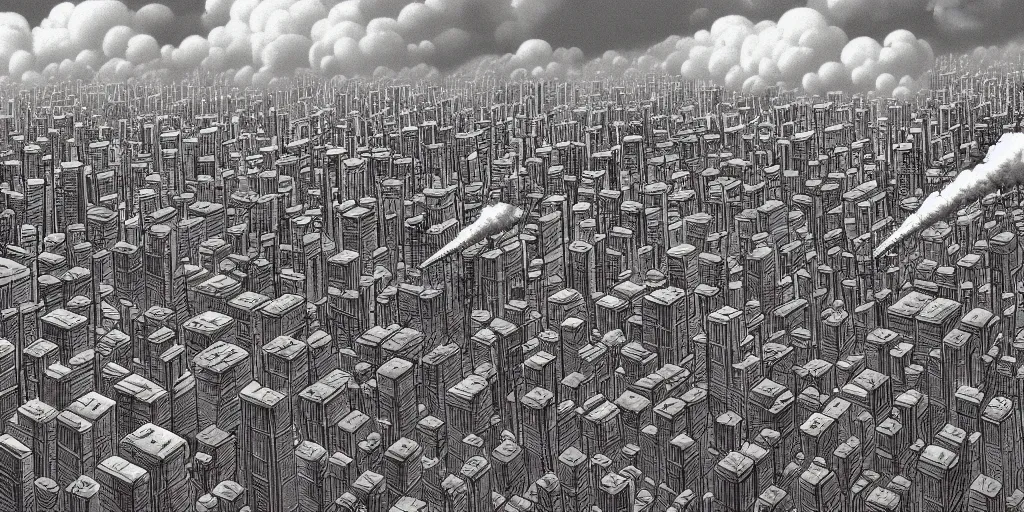 Prompt: hyper detailed mushroom! clouds! formed by an h - bomb! explosion! in the middle of tokyo, raising between the buildings, highly detailed, concept art, smooth, sharp focus, gulf war photography, from akira ( 1 9 8 8 ) style, popular on artstation, unreal engine, aerial photo, nvidia graphics,.