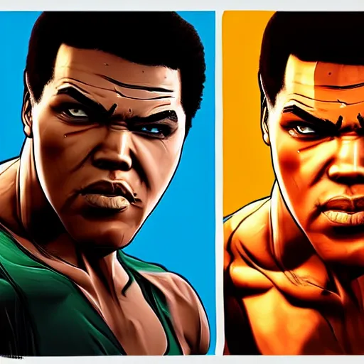 Prompt: [ muhammad ali ] cel - shaded like borderlands in the style ( gta poster art ) by andreas rocha and greg manchess 8 k character portrait