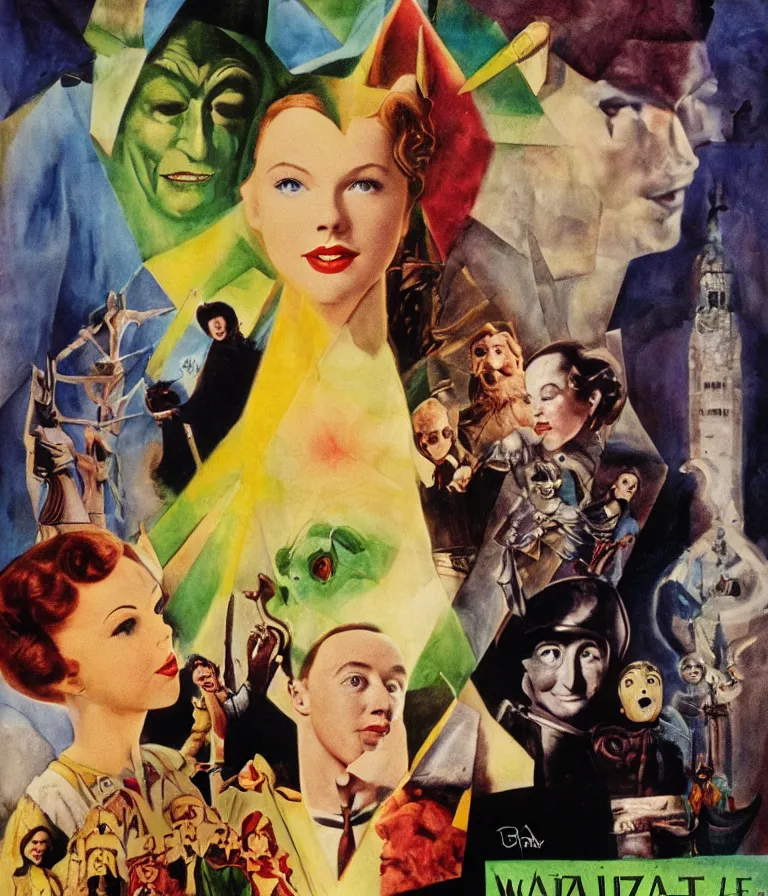 Prompt: Beautiful Fantasy Movie Poster made for the film The Wizard of Oz (1941) starring Taylor Swift and Mark Zuckerberg and Jeff Bezos and Elon Musk, constructivist oil paint and ink collage by Man Ray and Marcel Duchamp , Vivid color trending on artstation Cinematic lighting dada collage!! 8k