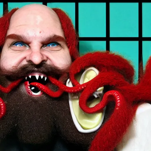 Image similar to bearded man with living teeth and tentacles in the style of the horror film The Thing 1982