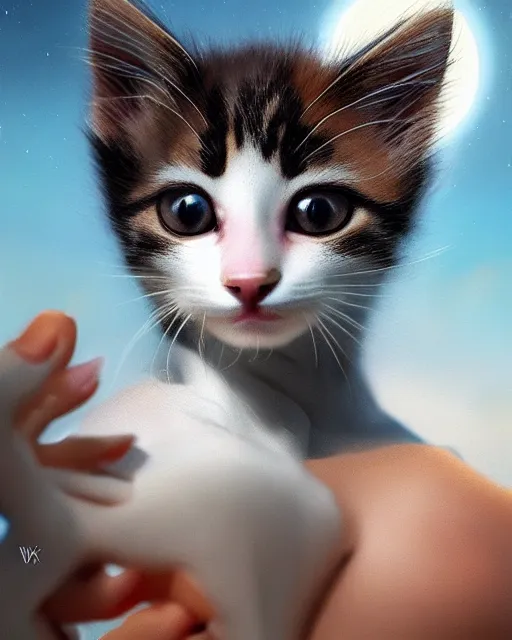 Image similar to a kitten on a rocket, photo, ultra detail, photoreal, professionally retouched, soft moonlight lighting, shiny plastic bikini, realistic, smooth face, goddess, luscious lips, perfect eyes, wide angle, sharp focus on eyes, 8 k high definition, insanely detailed, intricate, elegant, art by artgerm and wlop