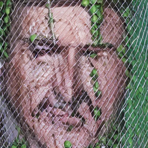 Image similar to nicolas cage trapped in a wicker cage with peas on his face, dying