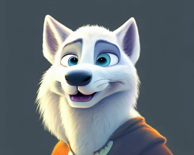 Prompt: portrait of cute white wolf in the style of zootopia, volumetric light, artstation, concept art, 8 k, high detail, perfect