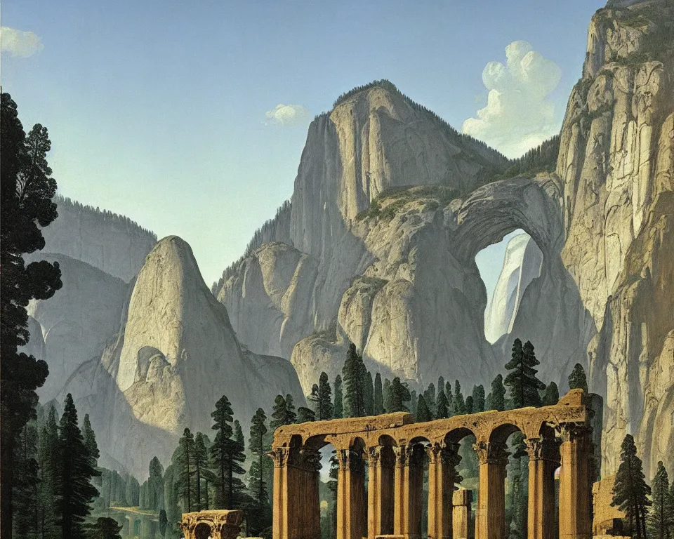 Image similar to an achingly beautiful print of roman ruins in the middle of Yosemite valley by Raphael, Hopper, and Rene Magritte. detailed, romantic, enchanting, trending on artstation.