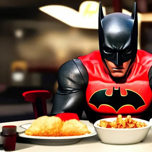 Image similar to A still of Batman eating at KFC, 4k, photograph, ultra realistic, highly detailed, studio lighting