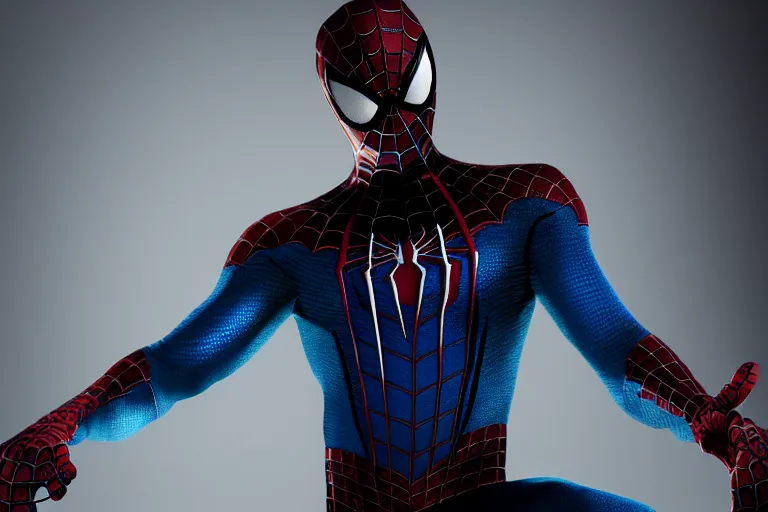 Prompt: spiderman in blue and black suit and black hood, detailed, hyper realistic