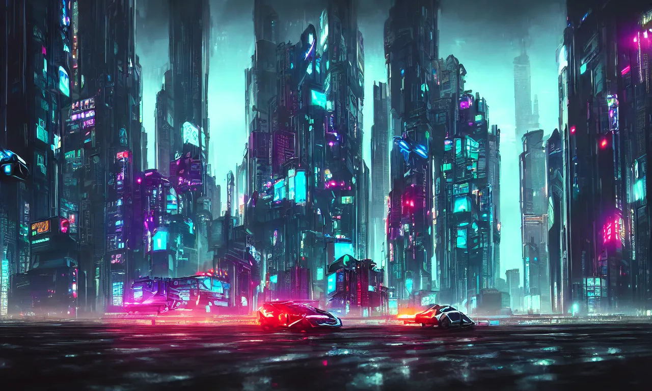 Image similar to photorealistic cyberpunk night city with flying robot and cybertruck with big mutant, digital paint, reflections, heavy rain, beautiful concept art, high detail, trending on artstation