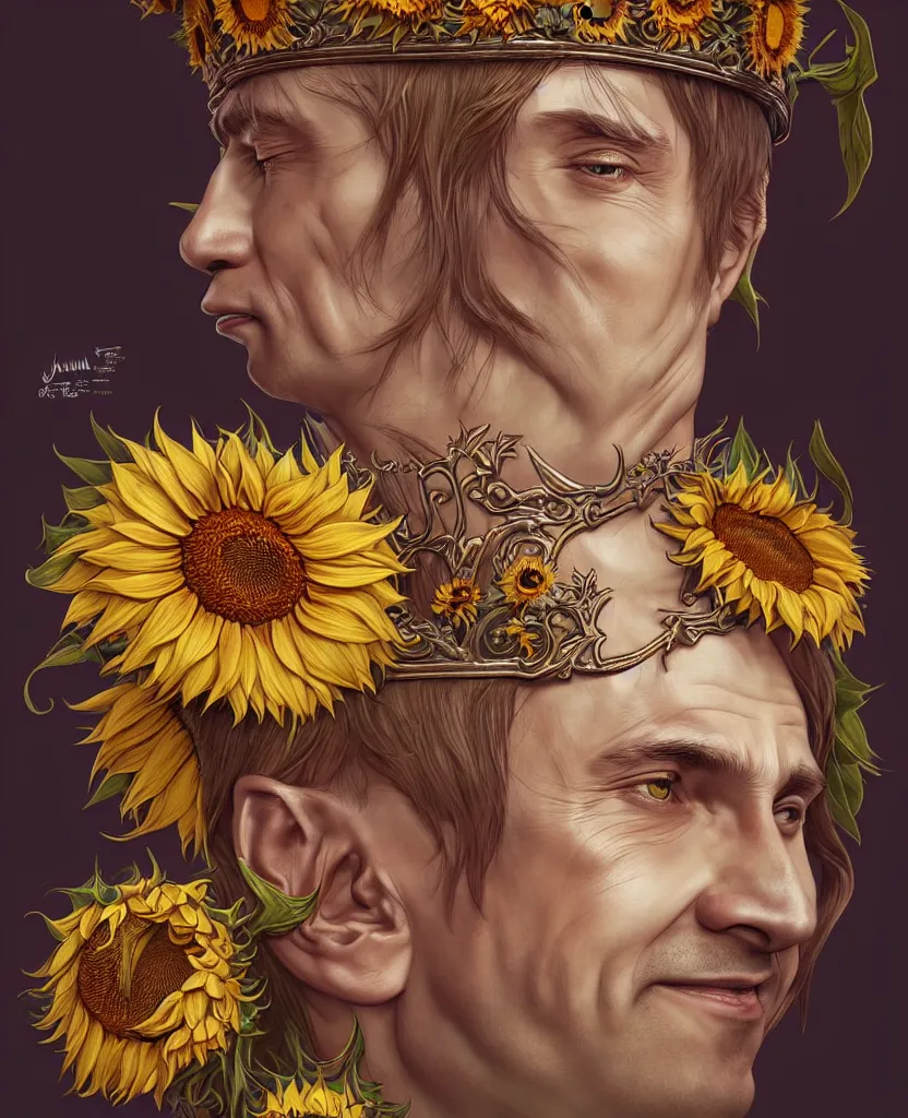 Image similar to digital art, centered full body of young any old Putin smiling king, Sunflower crown, ,intricate, veins, by James Jean and by artgerm , by ross tran ultradetailed, charachter design, concept art, trending on artstation,