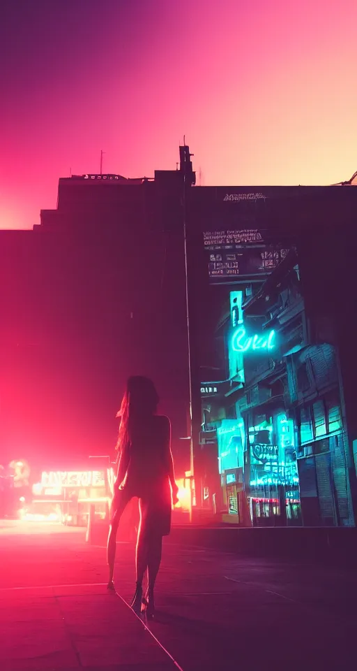 Prompt: hyperrealism, women, city, neon lights, glow, sunset, atmospheric, cinematic, retrowave style,