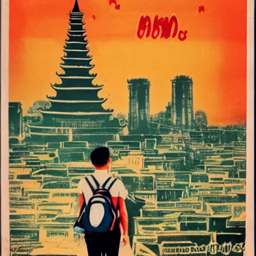 Image similar to 20 year old tourist wearing a backpack walking through hanoi. Vietnamese propaganda poster.