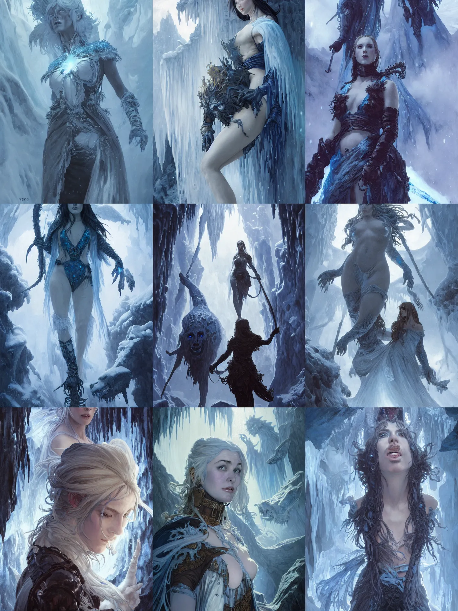 Prompt: picture of giant female ice revenant, looking down to a party of five adventurers, highly detailed, detailed face, smooth, sharp focus, high fantasy, horror, chiaroscuro, blue monochromatic, digital painting, artgerm and greg rutkowski and alphonse mucha