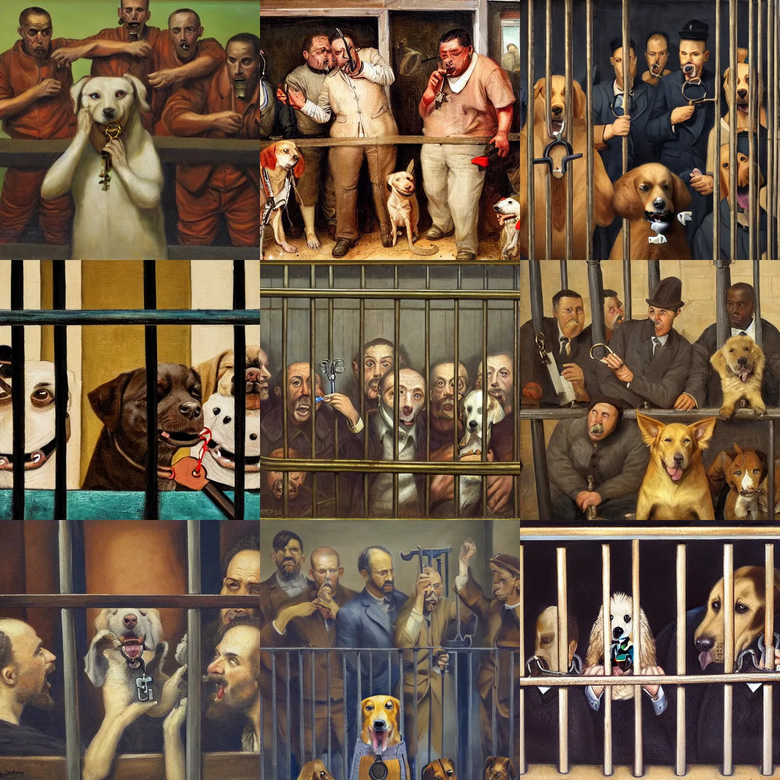 Prompt: dog holding a key in mouth in front of a group of men behind bars, realism, old painting, oil painting