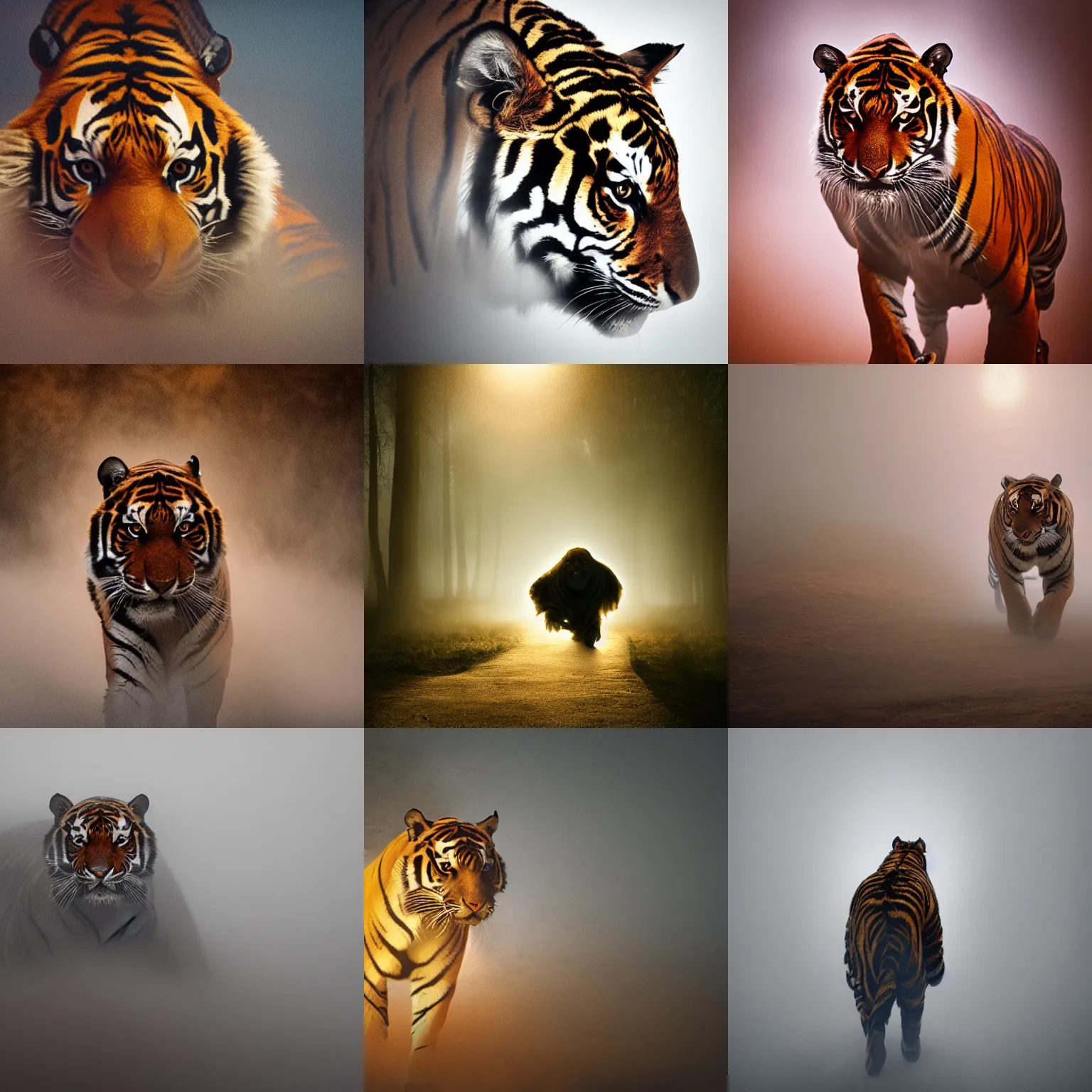 Prompt: a portrait of !!hooded tiger emerging from fog, cinematic lighting