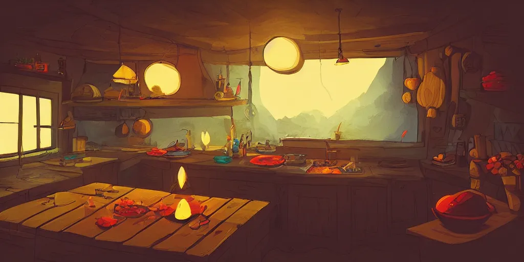 Image similar to epic illustration fisheye lens of a wooden kitchen dim lit by 1 candle in a scenic environment by Anton Fadeev