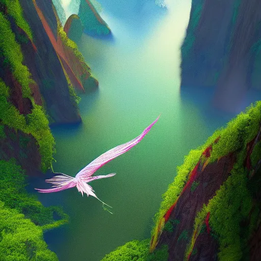 Prompt: a feather dragon flying over high cliffs and jungles, fantasy, high detail, 8k, realistic