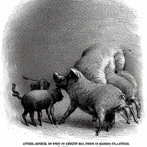 Image similar to pig walking on his hind legs, creepy atmosphere, close-up, illustration by Gustave Doré, Animal Farm by George Orwell