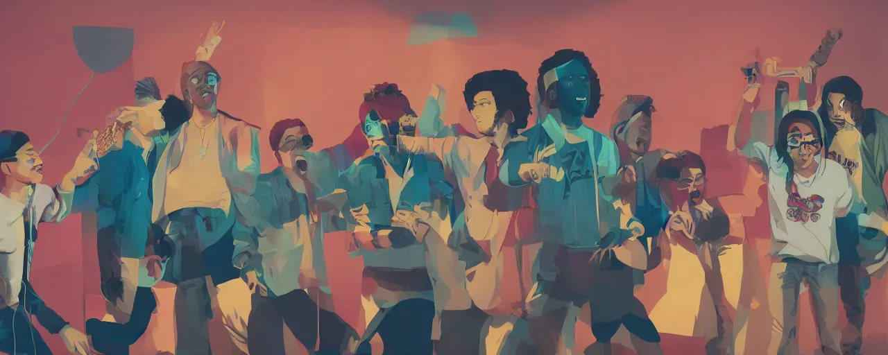 Prompt: four friends rapping with microphone in living room, epic pose, white people, Asian people, Hispanic people, Indian people, silhouetted, distinct, digital art, vaporwave, psychedelic, surreal, trending on Artstation, professional artist, detailed, 4k
