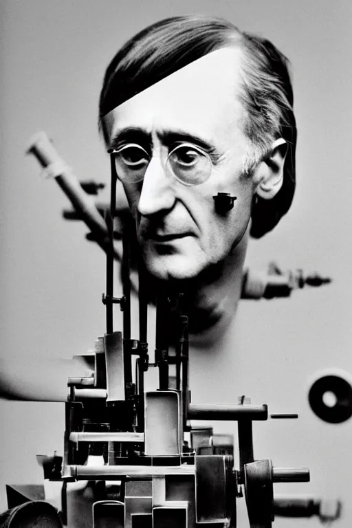 Image similar to a close-up portrait of Marcel Duchamp's industrial chesspiece-building machine in the style of Hito Steyerl and Shinya Tsukamoto and Irving Penn and Robert Frank, minimal contraption