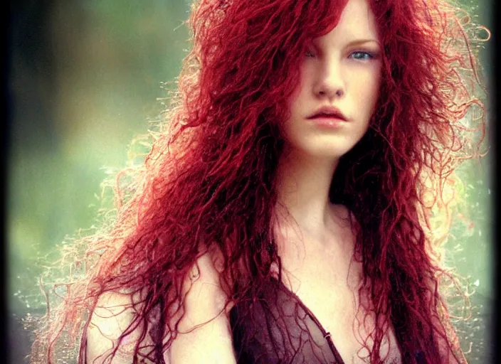 Image similar to award winning 8 5 mm close up face portrait photo of a redhead with maroon wavy hair in a part by luis royo.