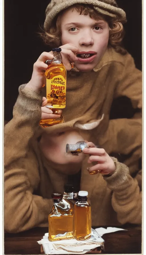 Image similar to a realistic portrait of a boy from canada drinking a whole bottle of maple syrup, annie leibovitz, highly detailed