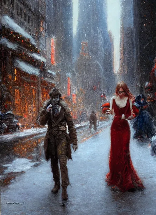 Image similar to emma stone walking into new york building, christmas, artwork by gaston bussiere, craig mullins, trending on artstation