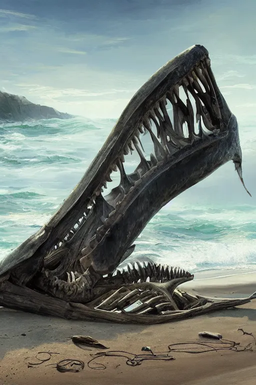 Image similar to whale skeleton on the beach, driftwood, huge, towering, gigantic, high octane, 8 k, digital art, magic the gathering, mtg, by greg rutkowski, trending on artstation