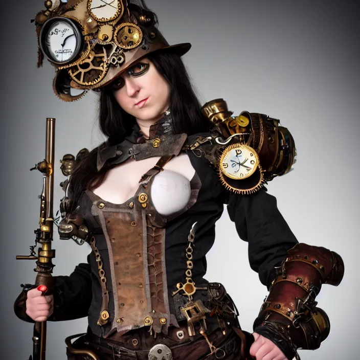 Prompt: professional full length photograph of a beautiful! female steampunk warrior. Extremely detailed. 8k