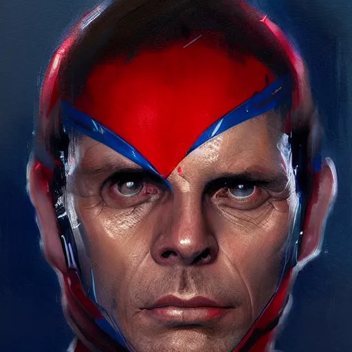 Image similar to portrait of superhero by greg rutkowski, michael biehn wearing a blue and red kevlar gear, highly detailed portrait, digital painting, artstation, concept art, smooth, sharp foccus ilustration, artstation hq