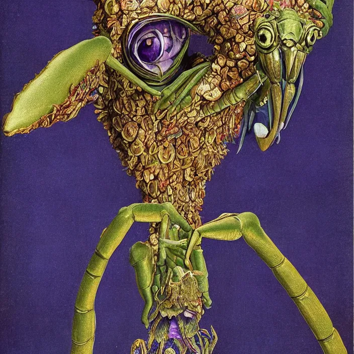 Prompt: close up portrait of a mutant monster creature with colorful exotic indigo iris eyes, crystal teeth, mantis composure. gold, vermillon. by jan van eyck, walton ford