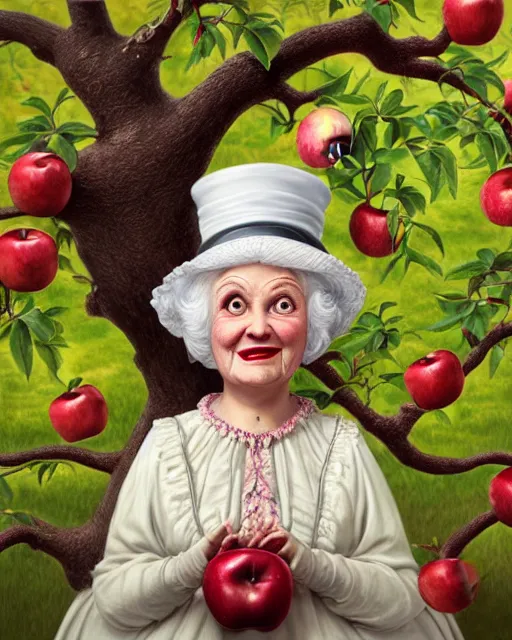 Prompt: highly detailed closeup, fat shiny ceramic white hair old happy woman dressed in victorian hat, clothes looking forward, full face view in front of an apple tree, hyperrealistic, artstation, illustration, nicoletta ceccoli, mark ryden, lostfish, dan decarlo, bob clampett, max fleischer, matte paint, vivid colors