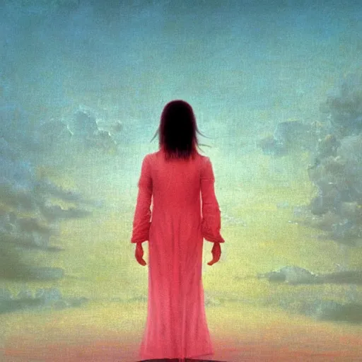 Image similar to a woman with a white dress in a white city, clear blue sky, pink floyd album cover, 1 9 7 0's, by beksinski, bruegel, greg rutkowski, alphonse mucha, and yoshitaka amano, colorful flat surreal design, hd, 8 k, artstation